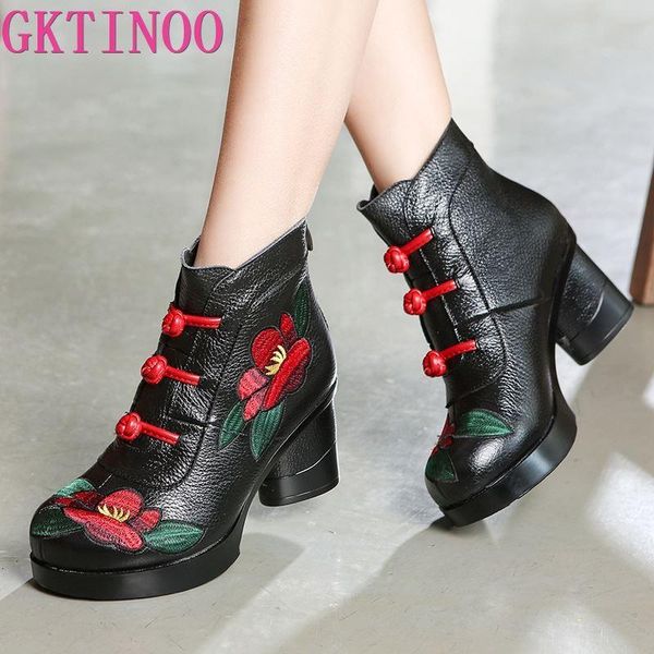 

floral ankle boots for women autumn winter genuine leather women's retro handmade comforable shoes high heels, Black