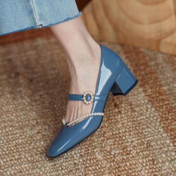 

spring women dress shoes string bead mary janes patent leather pearl buckle strap mid heel female 8908g, Black