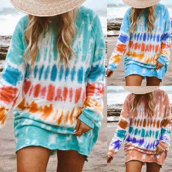 

casual dresses 2022 women's color tie dyed long sleeve loose round neck, Black;gray