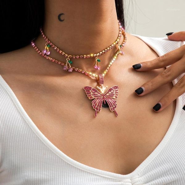 

iced out bling tennis chain hip hop lock pink shape cuban link chain out girl women butterfly charm choker necklace dropship1, Golden;silver