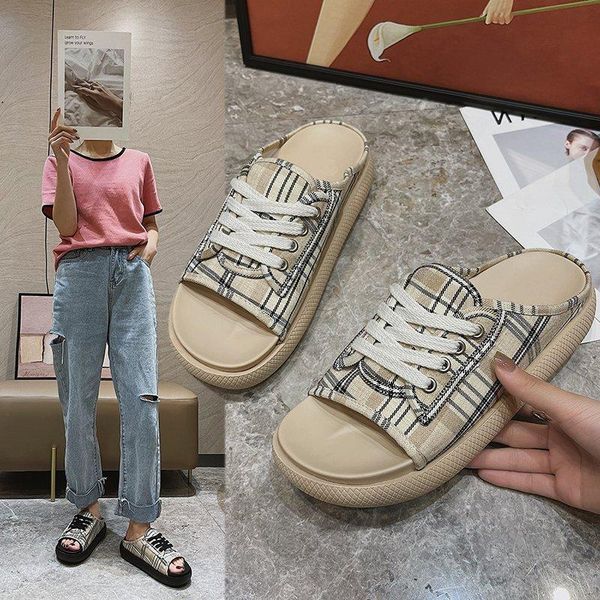 

slippers lace up women's style cloth casual thick-soled sandals and, Black