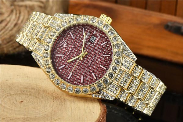 

2021 mens watch shinning diamond iced out gold watches stainless steel men quartz movement montre gift party wristwatch sliver, Slivery;brown