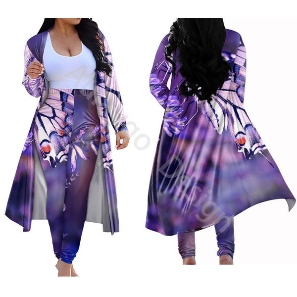 

women's tracksuits purple two piece set women butterfly design long coat and slim leggings plus size elastic fall clothes for club conj, Gray