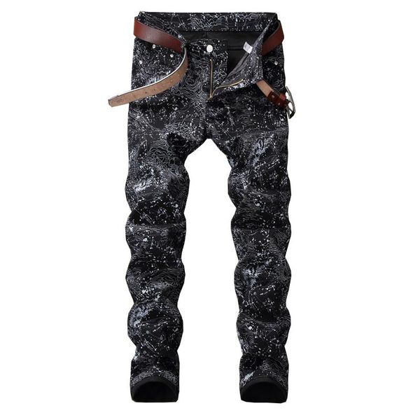 

men's jeans sokotoo slim black printed fashion stretch pencil pants, Blue