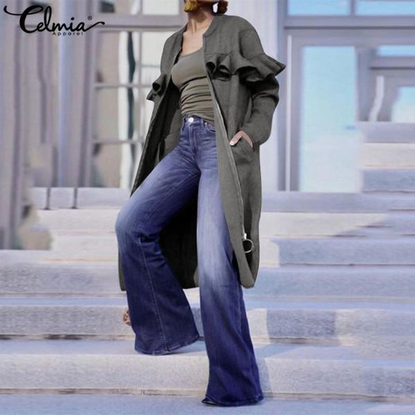 

women's long coat celmia fashion sleeve coats casual loose ruffles zipper jackets o-neck solid vintage outerwear plus size, Black;brown