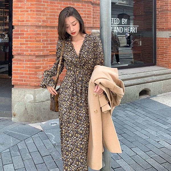 

casual dresses 2021 women autumn winter vintage dress female v-neck print long sleeve a-line lady loose pleated vestido g173, Black;gray