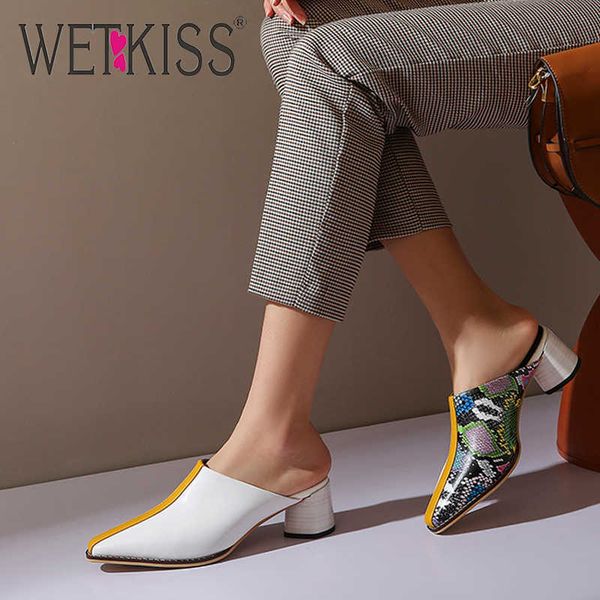 

wetkiss snakeskin slippers women mixed color thick high heels shoes woman mules summer slides fashion ladies shoes casual 210630, Black