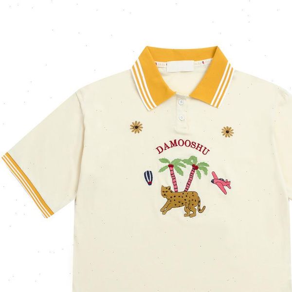 

original design womens t shirts summer cotton leopard embroidery turn down collar lady tee loose tshirts, White