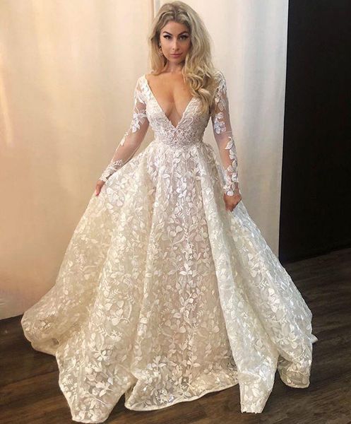 

arabic long sleeves a line lace wedding dresses deep v neck sweep train backless plus size bridal gowns vestidos de novia, White