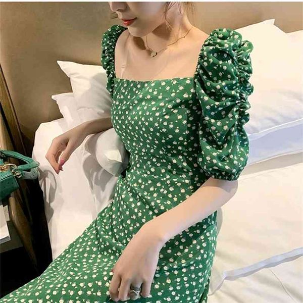 

summer women vintage party dress square collar puff sleeve high waist beach ladies printing split midi vestidos 210603, Black;gray