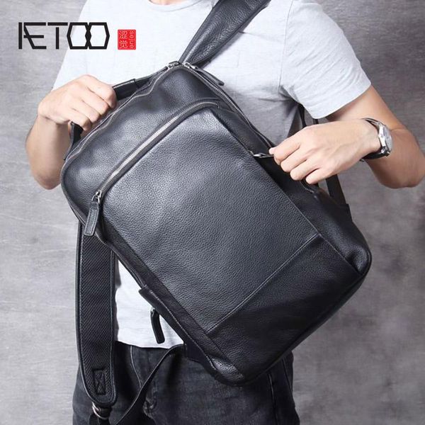 

simple casual leather backpack, men's handmade first layer travel backpack