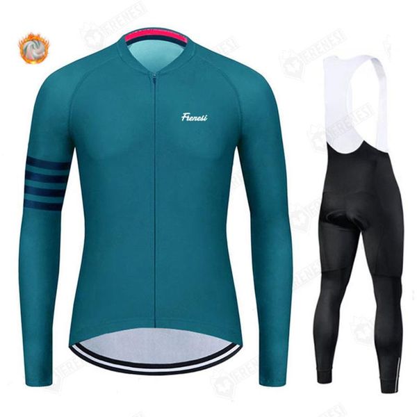 

racing sets frenesi 2021 thermal fleece jersey set bicycle cycling bib shorts bike sport ropa ciclismo hombre kit, Black;blue