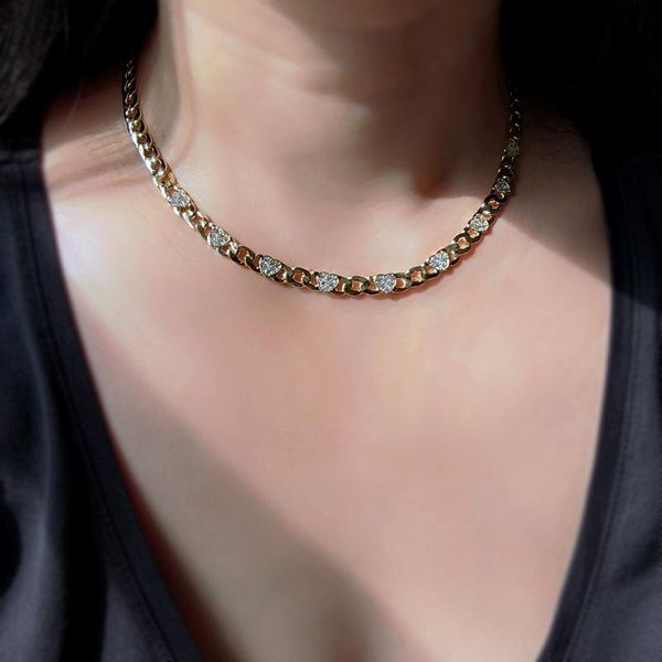

chains vintage heart choker necklace for women cubic zirconia stone gold plated cuban link chain punk fashion costume jewelry bijoux cz, Silver
