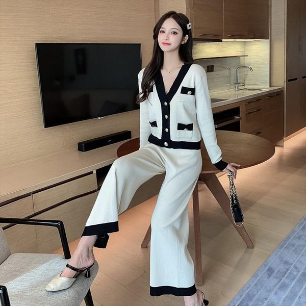 

autumn knitted two piece set womens pants single breasted v neck long sleeve cardigan sweater elastic waist wide leg, White
