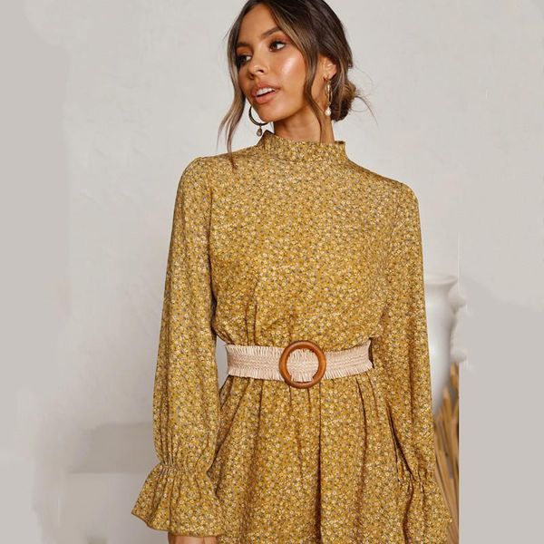 

autumn and winter sweet temperament women's floral printed long-sleeved round neck ruffle dress female vestidos ropa mujer casual dress, Black;gray