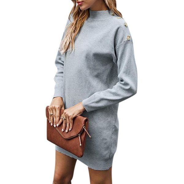 

women winter solid dress elegant high neck knitted pullover grey long sleeve loose short midi dresses casual, Black;gray