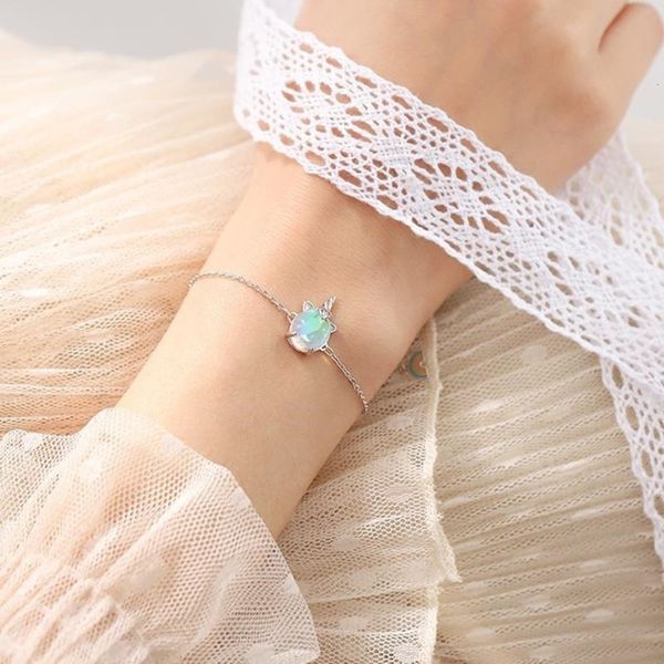 

925 sterling silver unicorn bracelet aurora colorful minority design cute creative jewelry girl moonlight stone, Black