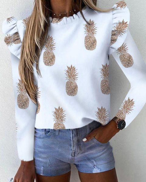 

women's t-shirt hirigin 2021 women casual long sleeve round collar ruffle hem printed pullovers fashion floral dot clothes, White