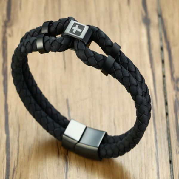 

bangle 2021 trendy western style titanium steel double-layer leather logo temperament and personality bracelet suitable for men, Black
