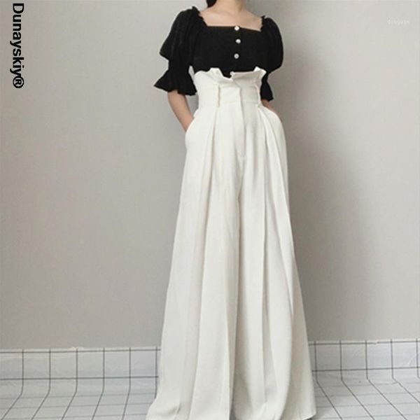 

women's pants & capris 2021 white full length trousers for women high waist loose pleated ruffles wide leg female clothing, Black;white
