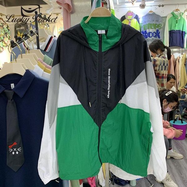 

women's jackets women summer green loose hooded jacket ladies streetwear casual outerwear female patchwork silk zipper plus size coats, Black;brown
