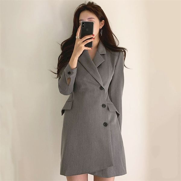 

spring autumn women's dress korean style pure color retro lapel slim long sleeve female es ll437 210506, Black;gray