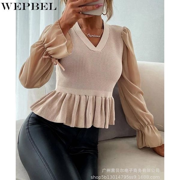 

women's sweaters wepbel sweater casual solid color slim fit ruffled stitching autumn v-neck flared sleeves pleated, White;black
