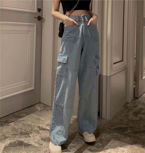 

street style jeans woman high waist washed wide leg pants loose overalls ladies 2021 blue cotton women's