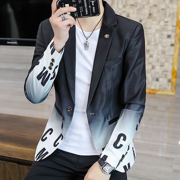 

brand clothing men fashion suit party coat slim fit jackets buttons suit letter floral print painting blazers male, White;black