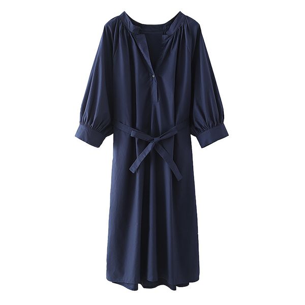 

women dress with belt puff sleeves v-neck cotton midi vintage elegant lady cozy long woman es 210420, Black;gray