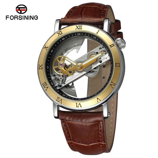 

furnishing leather tape hollow transparent iron plate automatic clock personality trend men casual fashion clocks male, Slivery;brown