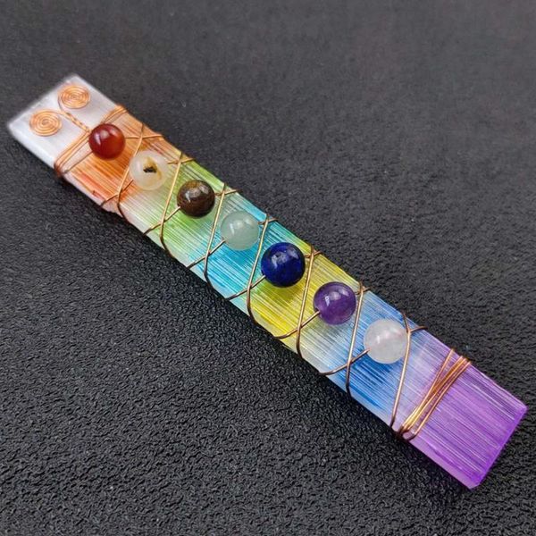 

decorative objects & figurines 1pcs irregular aura selenite stick wand wire wrapped colorful meditation stones yoga bar 7 square chakra q0l9