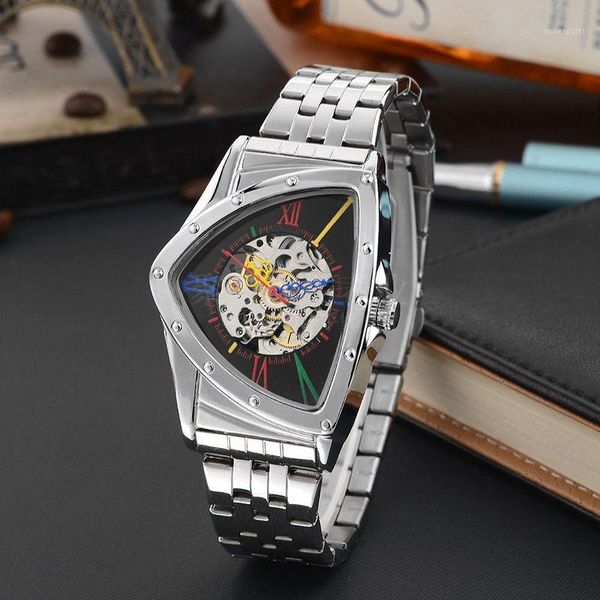 

men watches fashion hollow triangular mechanical stainless steel band automatic reloj hombre wristwatches, Slivery;brown