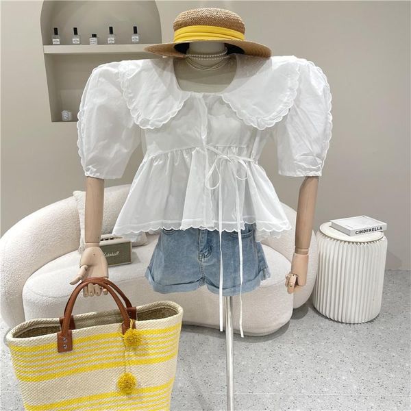 

women's blouses & shirts niche design clothing 2021 summer puff sleeve lace up slim ruffle lapel loose doll shirt, White