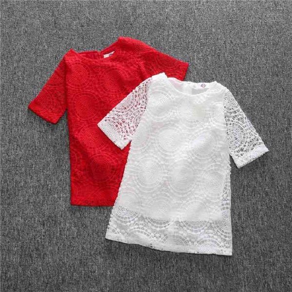 Meninas Florais Vestidos Lace Hollow Children Vestido Vermelho Branco Crianças Meninas Roupas Princesa 210413