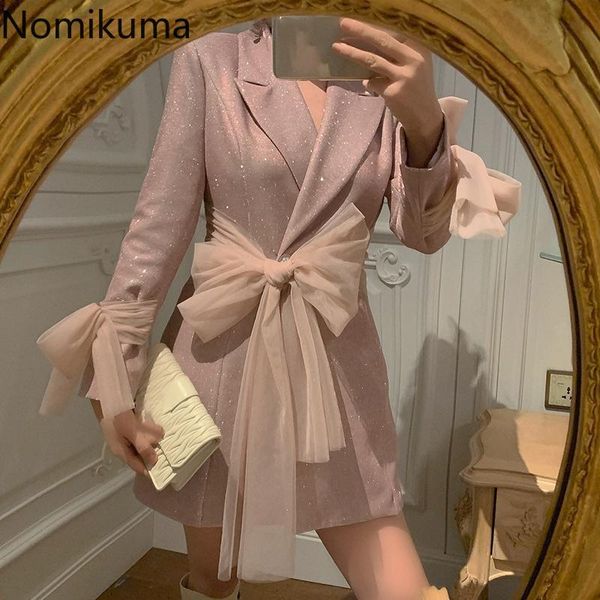 

women's suits & blazers nomikuma 2021 spring autumn women mesh bow bandage elegant suit jacket korean notched collar blazer coat 6f239, White;black