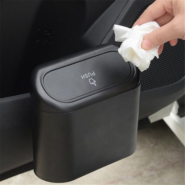 

black abs car trash square pressing type bin hanging vehicle garbage dust case storage box auto interior accessories organizer