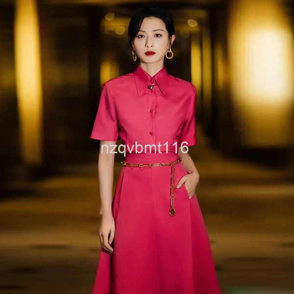

two piece dress spring and summer women's wear lapel short sleeve rose red shirt + hem skirt suit wanxi same style, White