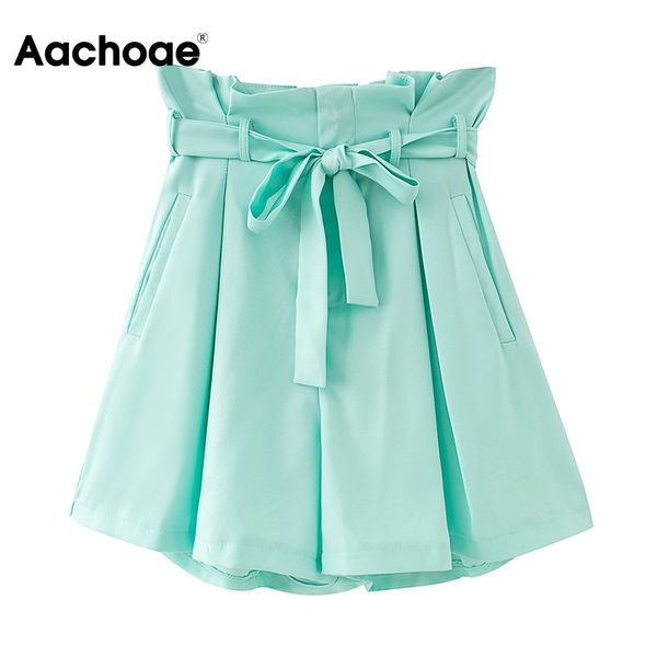 

aachoae summer elegant paperbag shorts women pleated loose office wear lady shorts solid casual bandage shorts female ropa mujer 210413, White;black