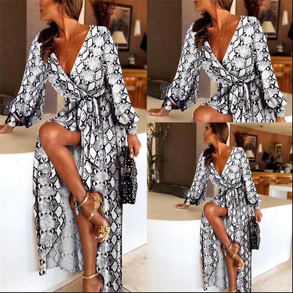 

womens dress summer women long sleeve v neck snakeskin printed side split sundress lady holiday maxi, Black;gray
