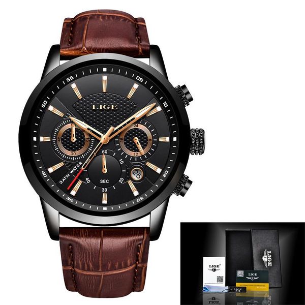 

wristwatches relogio masculino men watches lige fashion waterproof chronograph quartz watch casual leather sport, Slivery;brown