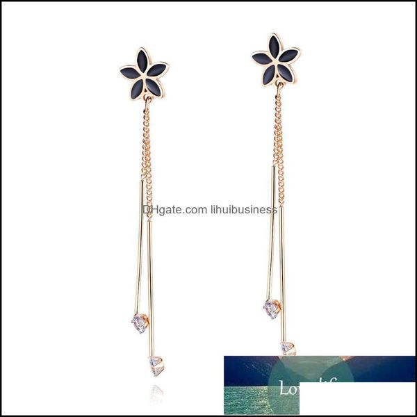Dangle & Chandelier Earrings Jewelry Black Flower Cz Long Chain Drop For Women Stainless Steel Rose Gold Color Party Ear Gift Factory Price