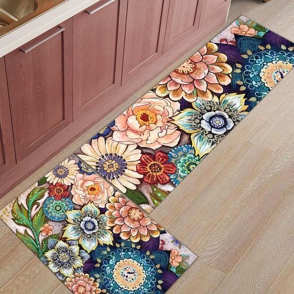 

chinese rose totem flower long kitchen mat home entrance doormat anti-slip bathroom rug floor decoration carpets