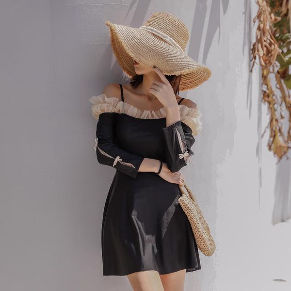 

women black one piece swimwear swim beach dress bathing suit swimming beachwear summer off shoulder long sleeve swimsuit one-piece suit