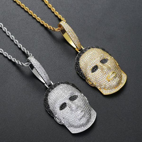 

hip hop cubic zirconia bling iced out head mask pendants necklace for men rapper jewelry gifts pendant necklaces, Silver