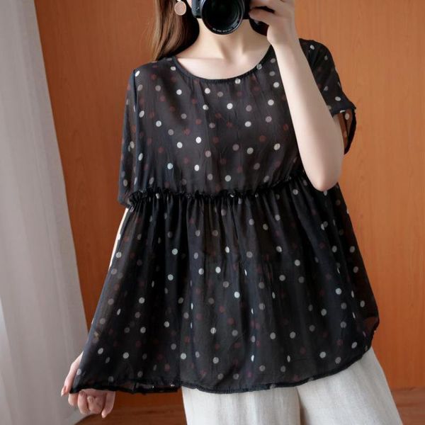

johnature korean fashion patchwork polka dot t-shirt summer loose comfortable o-neck short sleeve all-match women 210521, White
