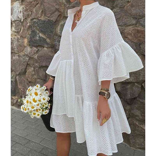 

summer women mini ruffle asymmetrical hollow out white tunic beach dress 210415, Black;gray