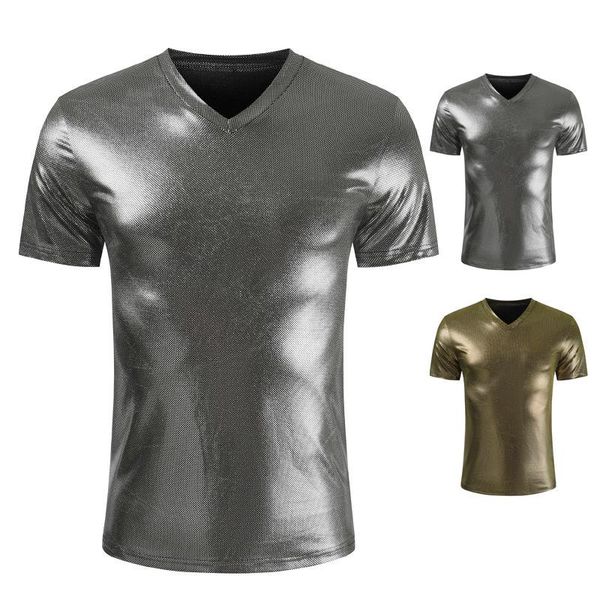 

men's t-shirts men clothing 2021 summer casual solid color hedging short-sleeved v-neck bright face trendy fashion loose t-shirt, White;black