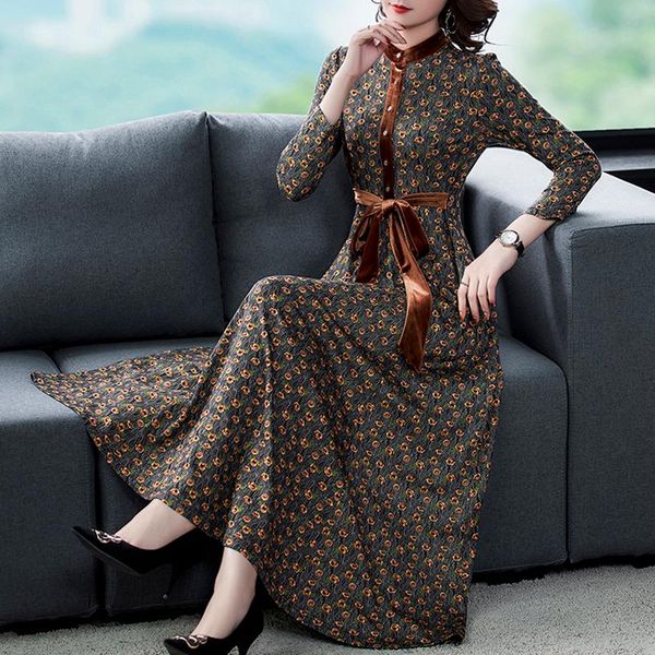 

autumn winter floral knitting long sleeve maxi dress korean vintage 3xl plus size women elegant bodycon party vestido casual dresses, Black;gray