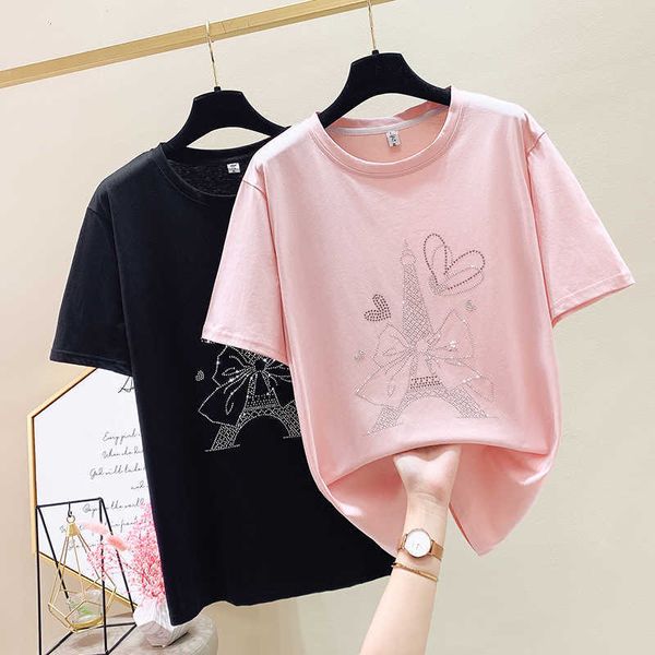 L-4XL plus size donna Harajuku T-shirt top manica corta o collo allentato casual Diamante rosa femminile T-shirt oversize tee 210604